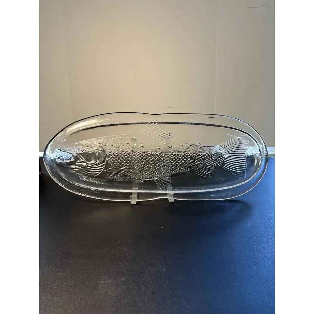 Crate & Barrel Italy Vintage 1990s Large Oval Glass Fish Platter, 22x8.75”